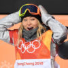 Chloe Kim of the United States reacts to her first run score during the Snowboard Ladies' Halfpipe Final on day four of the PyeongChang 2018 Winter Olympic Games at Phoenix Snow Park on February 13, 2018 in Pyeongchang-gun, South Korea.