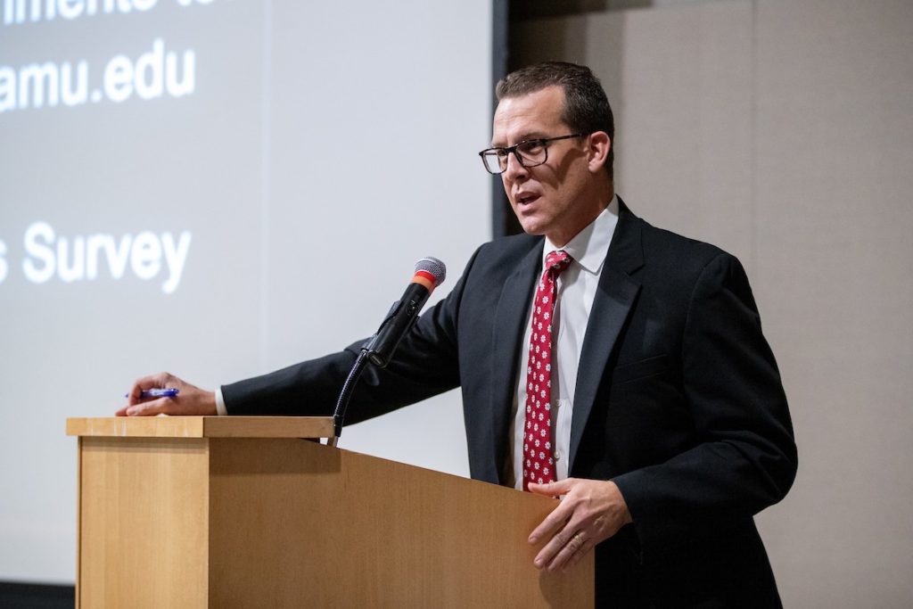 Timothy P. Scott, Assistant Provost for Academic Affairs, delivers remarks before presentations. (Mark Guerrero/Texas A&M Marketing & Communications)