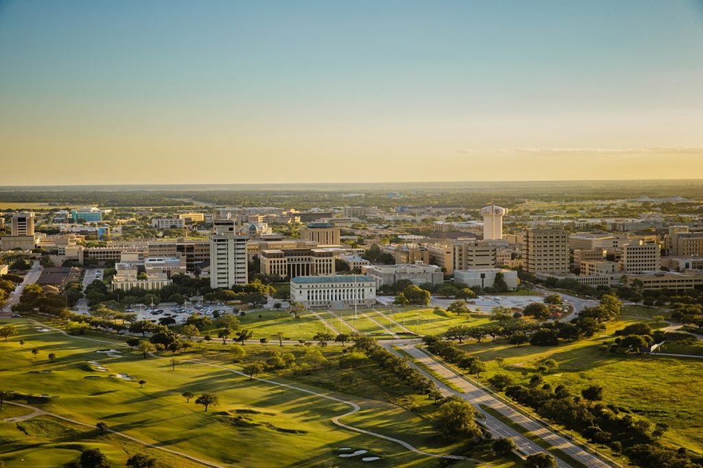 Aerial view of the campus of Texas A&M University.