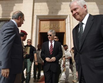 US Defense Secretary Robert Gates (R) and US Ambassador to Iraq Ryan Crocker (C) exit the Iraqi Defence Ministry after meeting with Iraqi Minister of Defence Abdel Qader al-Obeidi at the Iraqi Defence Ministry, April 20, 2007, in Baghdad, Iraq. (Mustafa Ahmed-Pool/Getty Images)