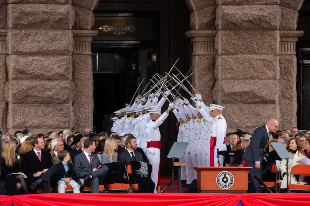 Members of the Corps of Cadets take part in inauguration ceremonies at the Texas Capitol.