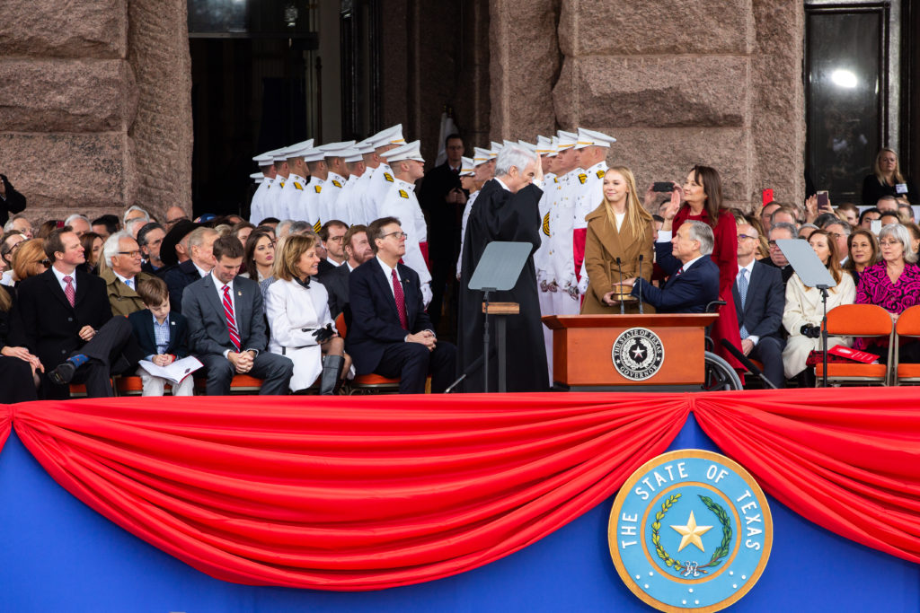Members of the Corps of Cadets take part in inauguration ceremonies at the Texas Capitol.