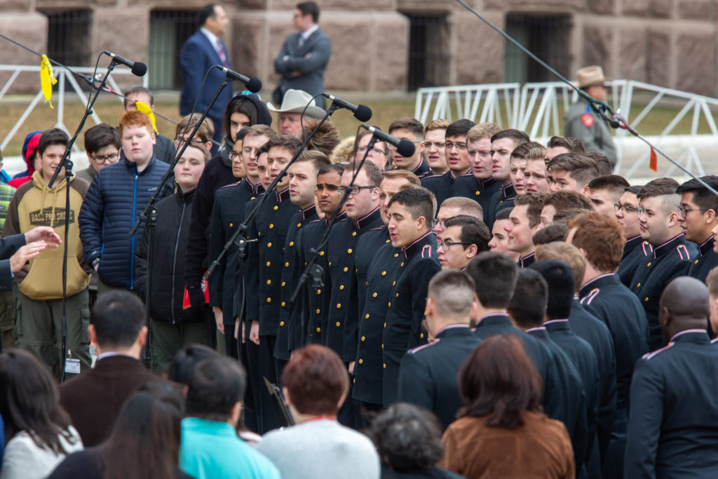 Members of the Corps of Cadets take part in inauguration ceremonies at the Texas Capitol.