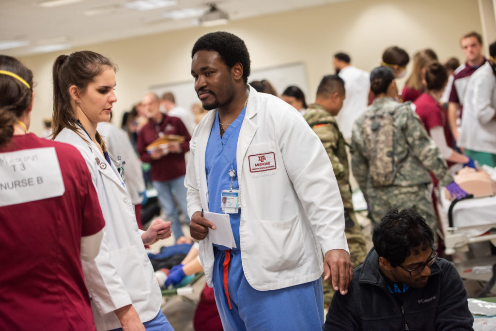 Nearly 600 students from the Texas A&M College of Medicine, College of Nursing, Irma Lerma Rangel College of Pharmacy, School of Public Health and the College of Veterinary Medicine & Biomedical Sciences engaged in triage at the disaster site.