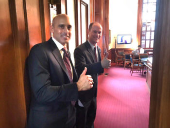 The Texas A&M Foundation's president, Tyson Voelkel '96 (left), gets a look into the House Member Room thanks to state Rep. John Cyrier '95.