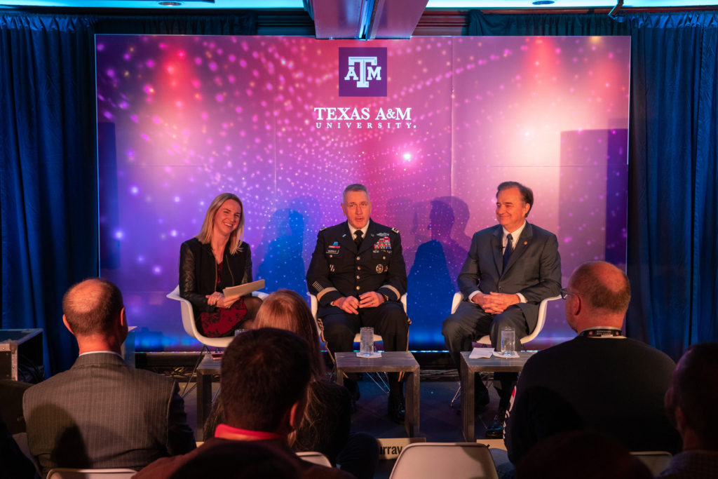 The Reimagining Public & Private Partnerships panel at Texas A&M [Power] House during SXSW featured Army Futures Command Gen. John M. Murray, Texas A&M System Chancellor John Sharp and Texas Tribune Editor-In-Chief Emily Ramshaw.