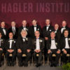 Texas A&M University System Chancellor John Sharp, Texas A&M University President Michael K. Young and (Poor) Hagler Institute for Advanced Study Founding Director John L. Junkins (back-l-r) welcome the Institute’s nine Faculty Fellows and Distinguished Lecturer for the Class of 2018-19. (front row-l-r) Yonggang Huang, Vanderlei Salvador Bagnato, William G Unruh, Stefan H.E. Kaufmann, Michael J. Duff and Andrea Rinaldo. (back row-r-l): Robert D. Putnam, Joseph William Singer, Cameron Jones and (Junkins) H. Vincent Poor.