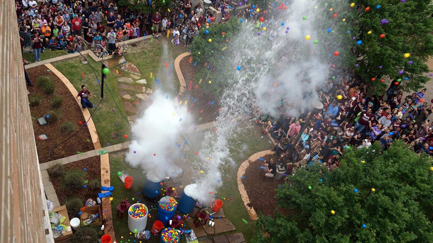 Don't miss the Texas-sized finale -- the five-barrel depth charge -- at 3:30 p.m. on the south side of the Mitchell Physics Building.