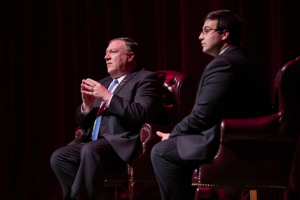 Secretary of State Mike Pompeo fields questions from the audience following his Wiley Lecture Series talk on diplomacy.