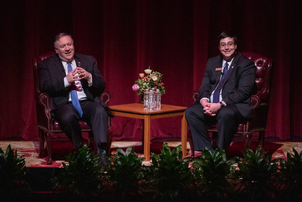 Secretary of State Mike Pompeo fields questions from the audience following his Wiley Lecture Series talk on diplomacy.