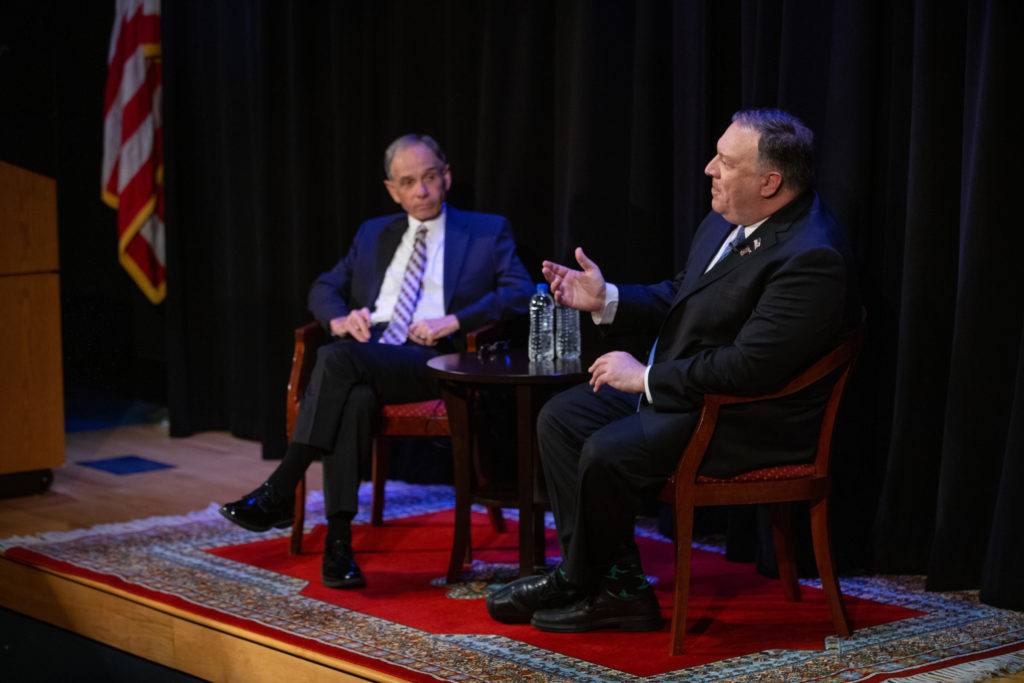 Secretary of State Mike Pompeo fields questions from the audience following his Wiley Lecture Series talk on diplomacy.
