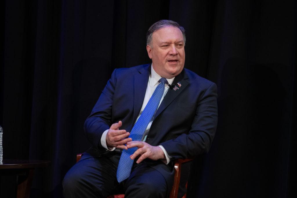 Secretary of State Mike Pompeo fields questions from the audience following his Wiley Lecture Series talk on diplomacy.