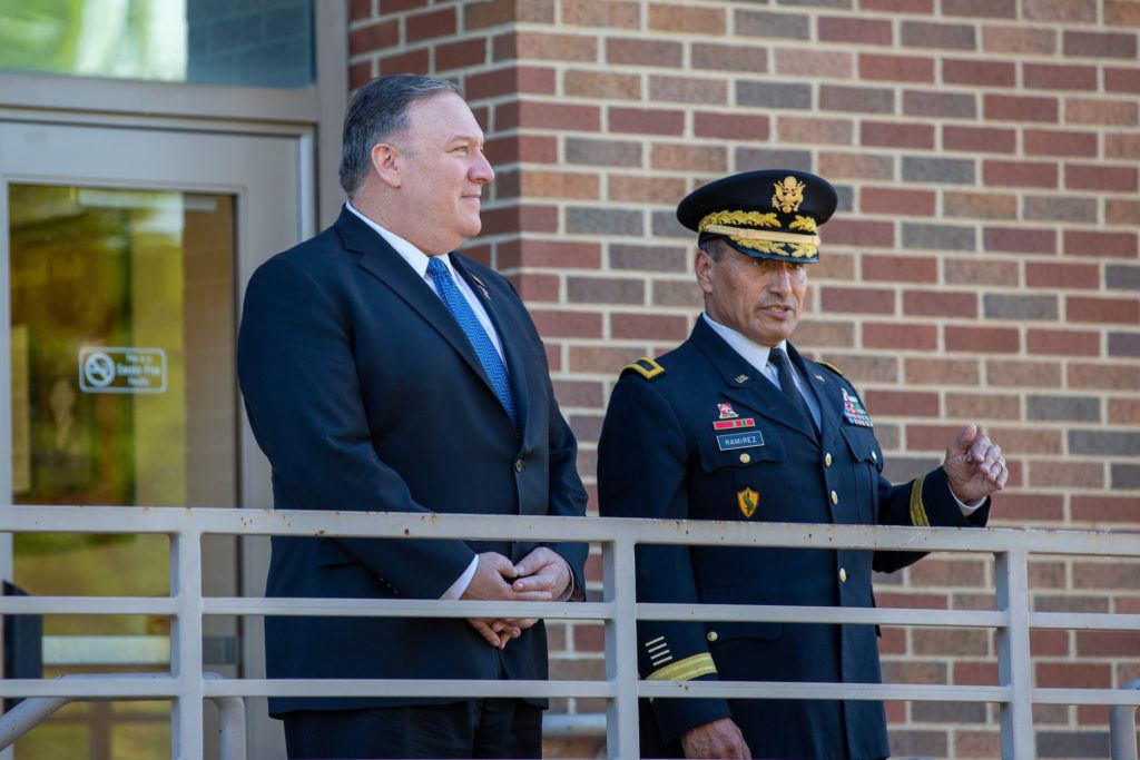 Secretary of State Mike Pompeo reviews the Texas A&M Corps of Cadets with Corps Commandant Gen. Joe Ramirez.