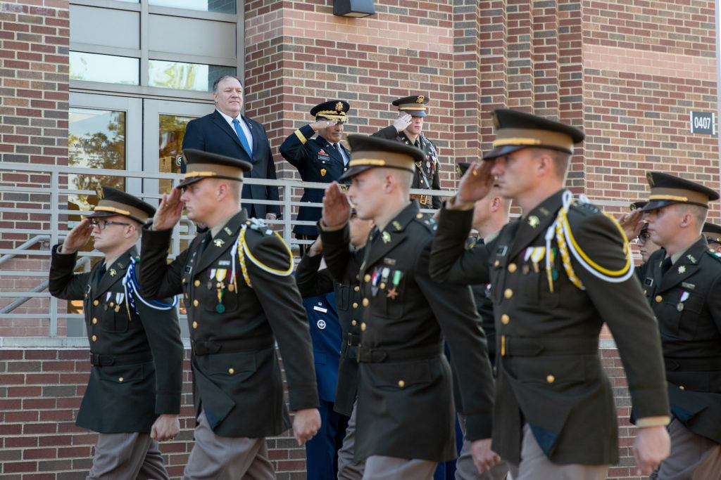Secretary of State Mike Pompeo reviews the Texas A&M Corps of Cadets with Corps Commandant Gen. Joe Ramirez.