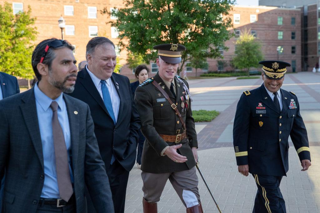 Corps of Cadets Commander Adam Buckley speaks with Secretary of State Mike Pompeo.