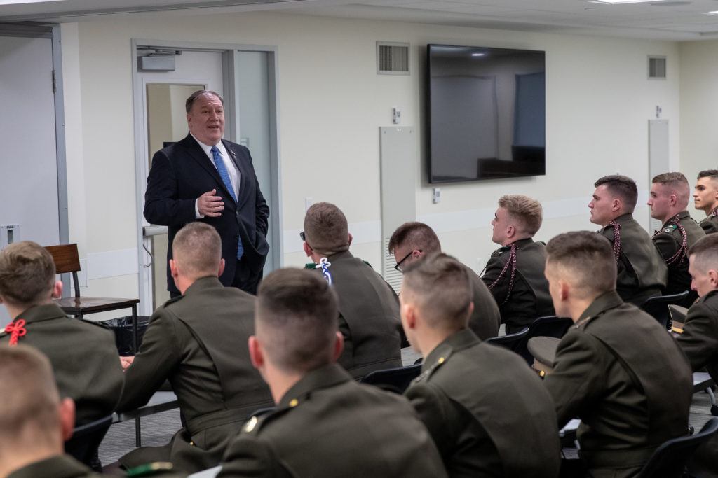 Secretary of State Mike Pompeo met with members of the Texas A&M Corps of Cadets during his visit to Texas A&M University.