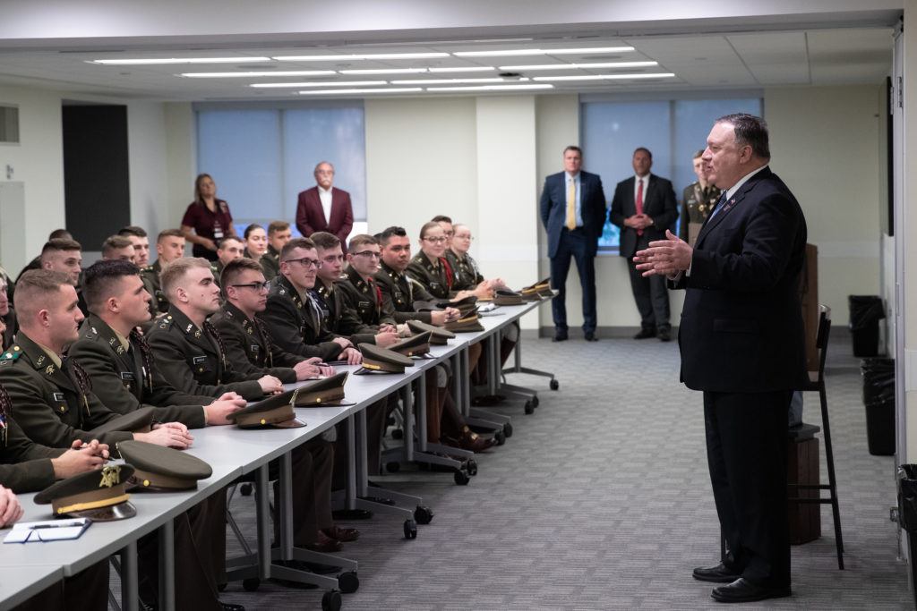 Secretary of State Mike Pompeo met with members of the Texas A&M Corps of Cadets during his visit to Texas A&M University.