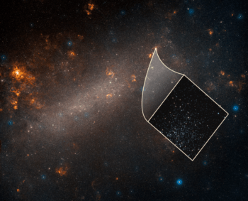 A ground-based telescope's view of the Large Magellanic Cloud, a satellite galaxy of our Milky Way. The inset image, taken by the Hubble Space Telescope, reveals one of many star clusters scattered throughout the dwarf galaxy.