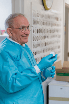 Bryant holds a piece of block that was sent to his lab years ago by a government agency for pollen analysis.