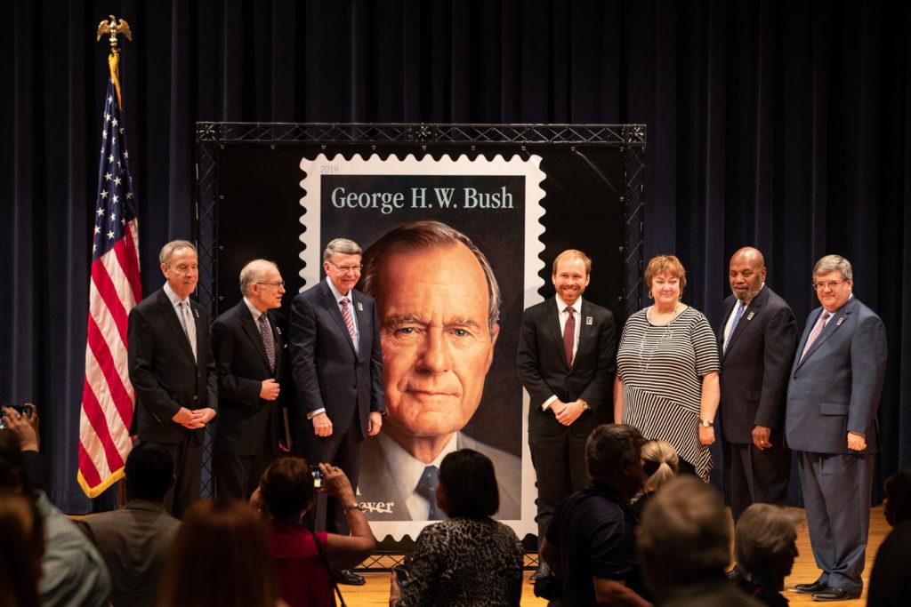 The United States Postal Service Forever stamp honoring President George H.W. Bush was presented during a first-day-of-issue ceremony at the Annenberg Presidential Conference Center.