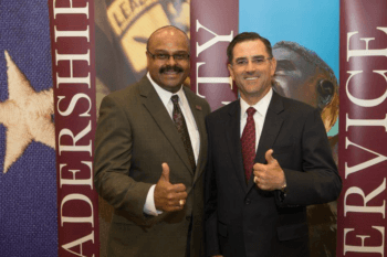 Mays Dean Eli Jones and Halliburton President Jeff Miller ’88
