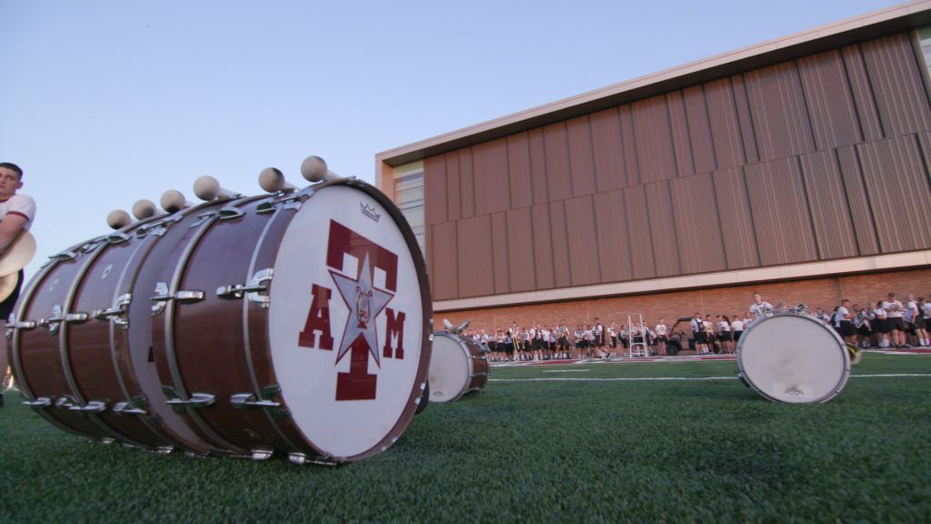 Band members practice outside on the Dunlap Drill Field