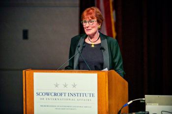 Celia Sandys speaks on the Texas A&M campus