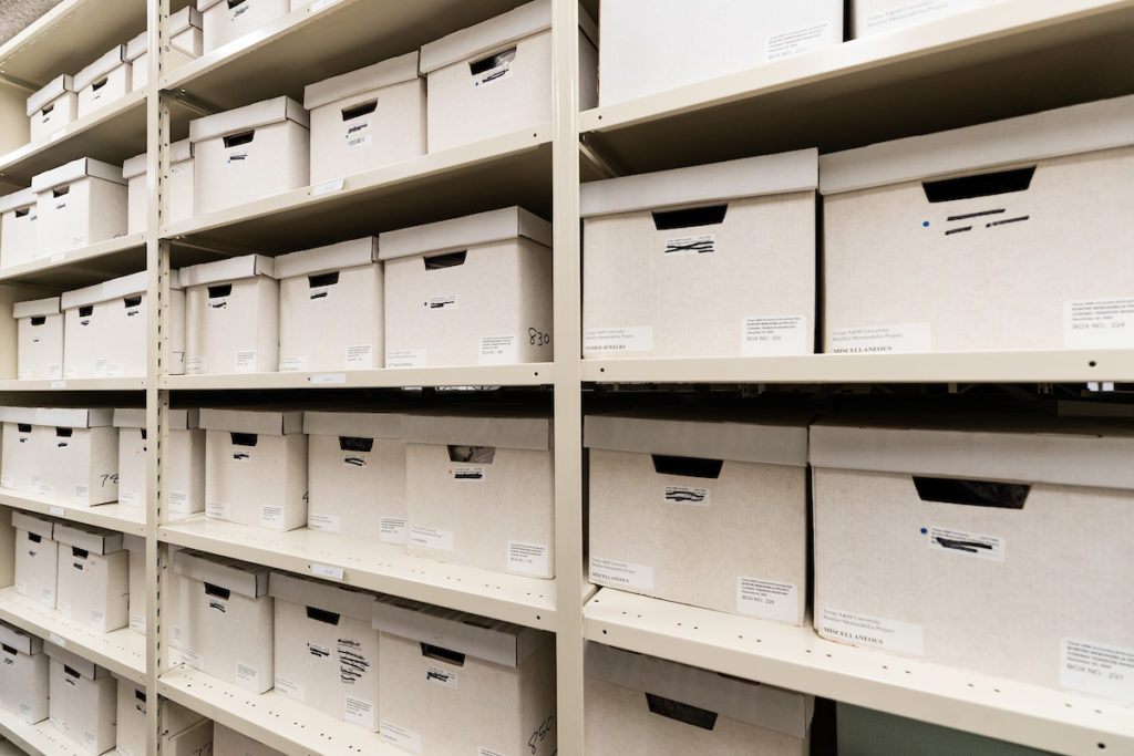 Boxes stacked on shelves