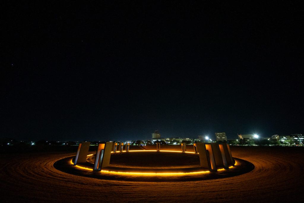 the portals at the bonfire memorial site illuminated at night