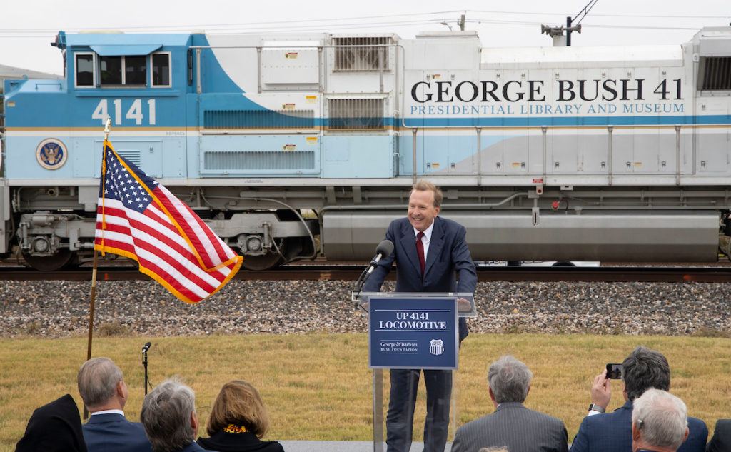 Neil Bush, the son of President George H.W. Bush and First Lady Barbara Bush, speaks at the announcement of the donation of Union Pacific 4141 to the George H.W. Bush Presidential Library and Museum.