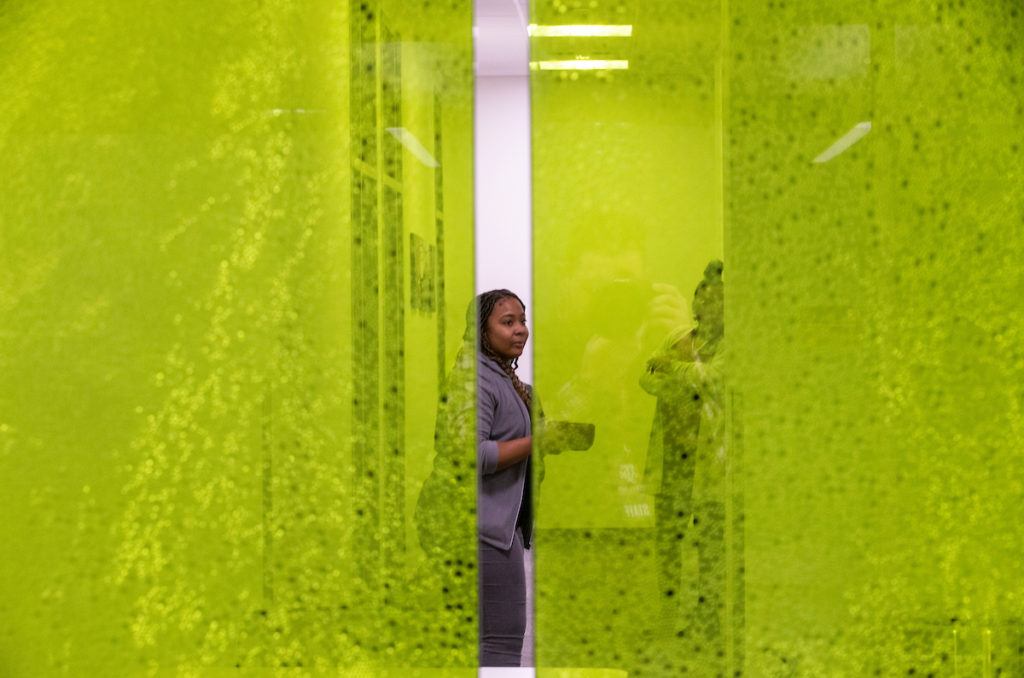 a woman touring a the new building