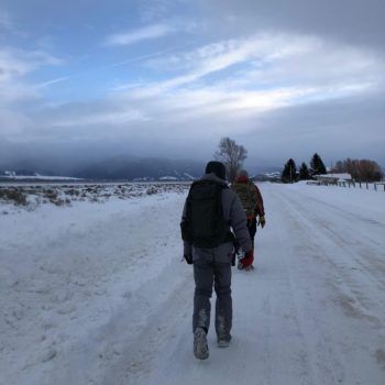 The students marching through snow