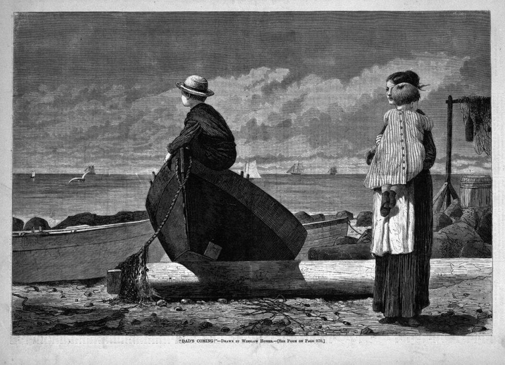 A Homer sketch called Dad's Coming! from 1873 in black-and-white depicting a mother and two children waiting onshore for an arriving sailor