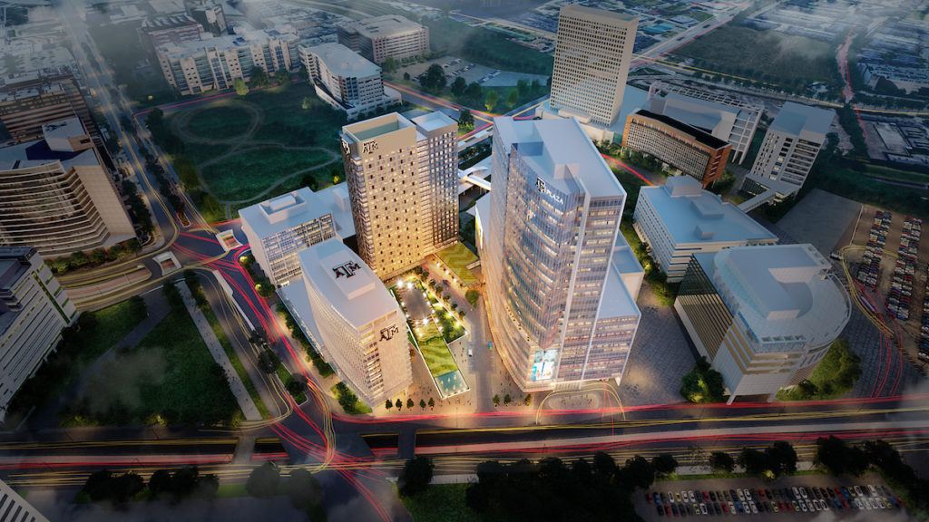 aerial view rendering of the three-building development