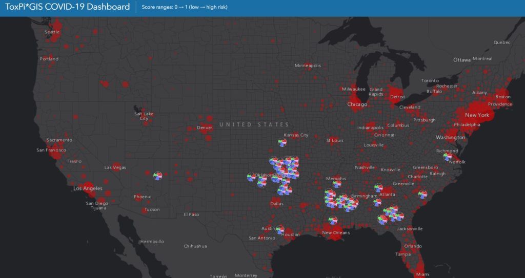 screenshot of a map with coronavirus "hot-spots" pinpointed throughout the country