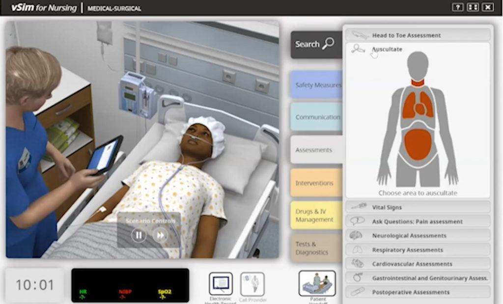 screen shot of a computer screen showing a digital nurse standing next to a patient lying in bed