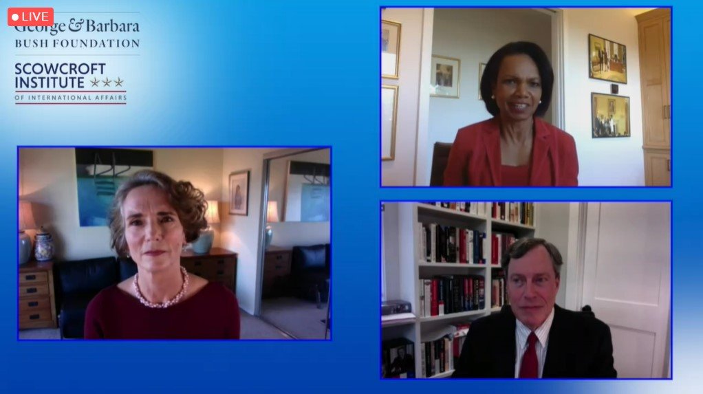screenshot condoleeza rice, philip zelikow and elizabeth cobbs on computer screen