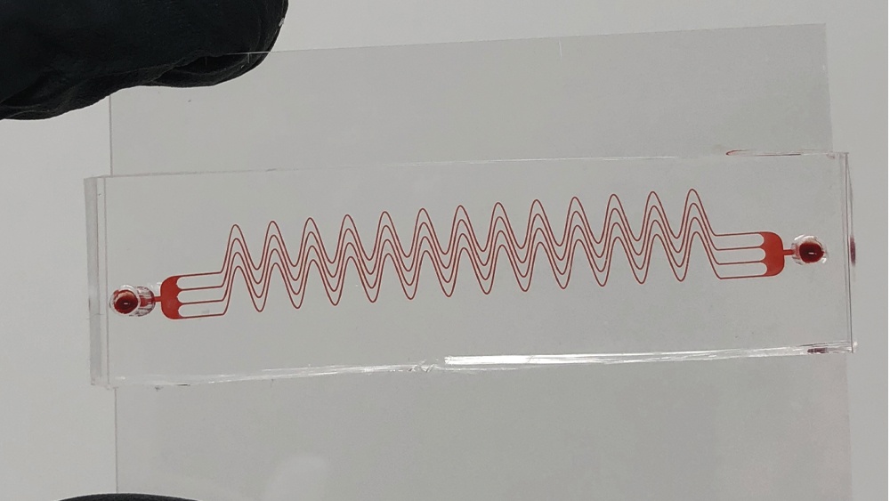 The red lines in this photo are the microfluidic device Dr. Abhishek Jain and his team have developed to help detect blood clots.