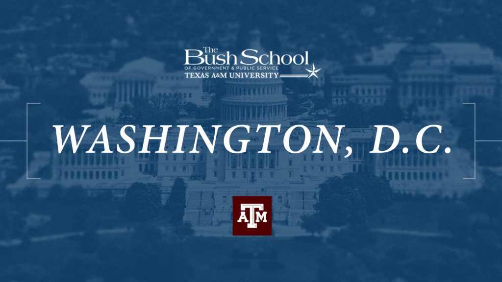 bush school graphic over image of capitol building