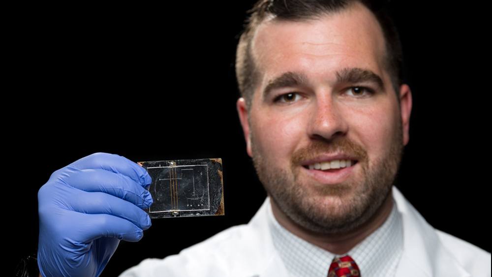 researcher wearing gloves holds up a mold
