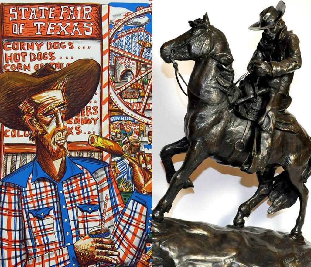 A photo of two works of art featuring cowboys, one from Stark Galleries, a lithograph on paper, the other from Forsyth in bronze