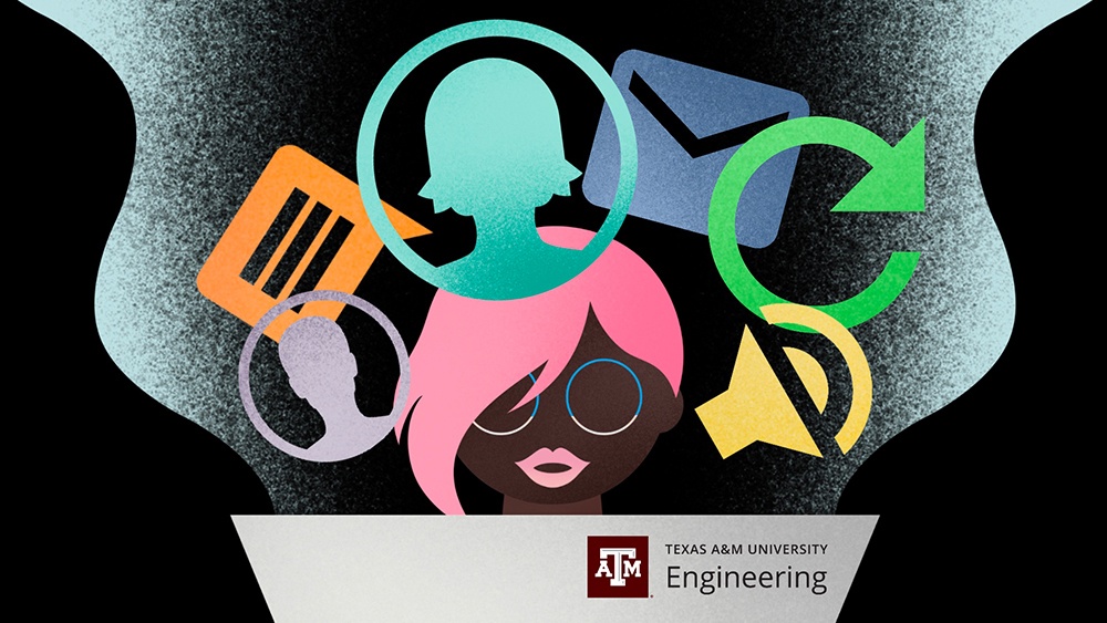 graphic of a student sitting behind a computer with diffrent colored icons around her head