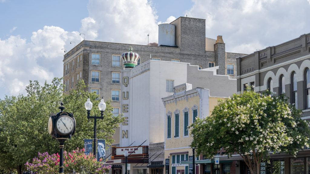 street level view of businesses in downtown bryan