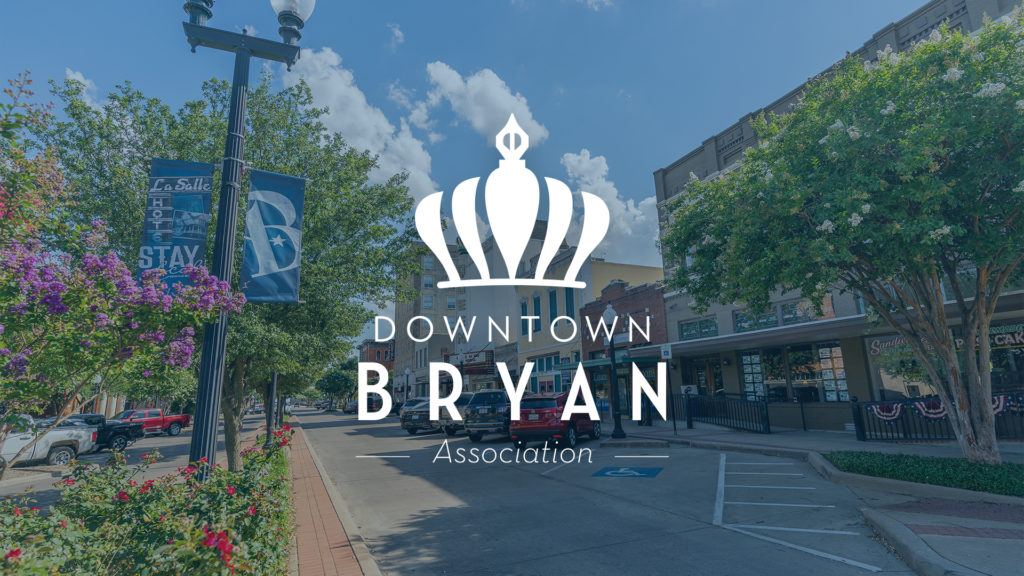 image of downtown bryan storefronts with graphic overlay of downtown bryan association logo