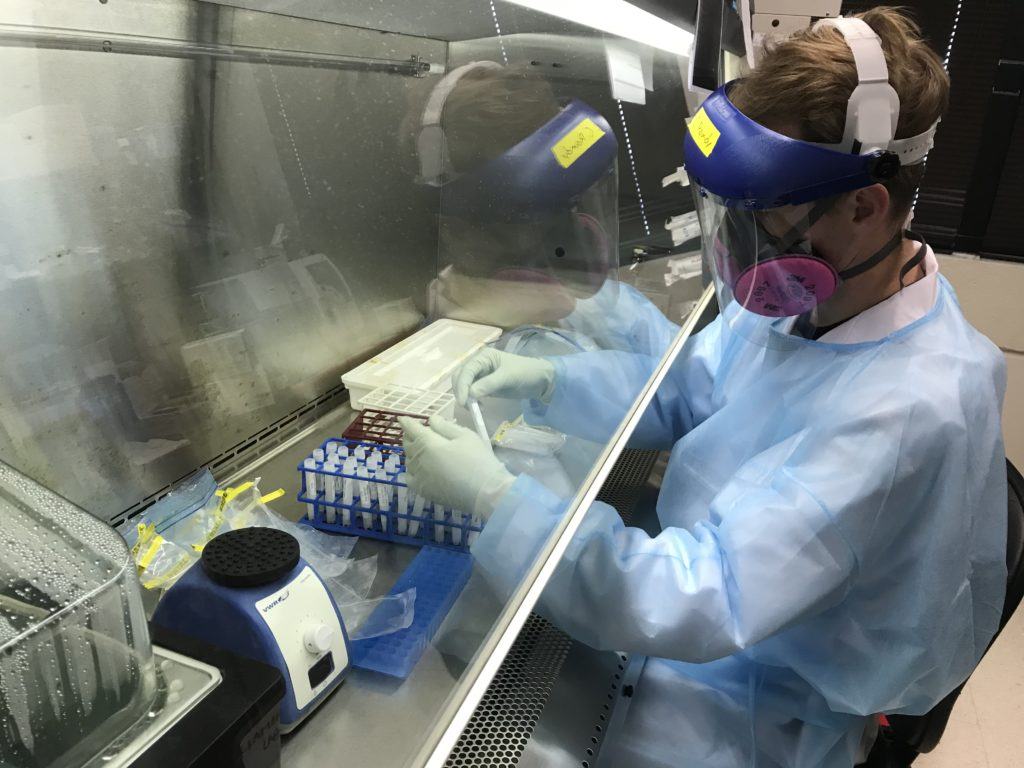 a researcher in ppe stands in a lab