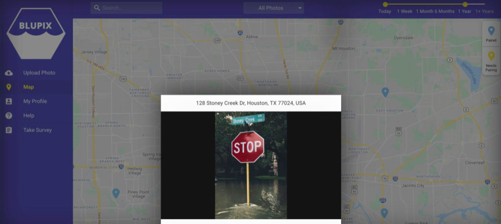 screenshot of a page demonstrating the app, showing a map with a stop sign in the foreground
