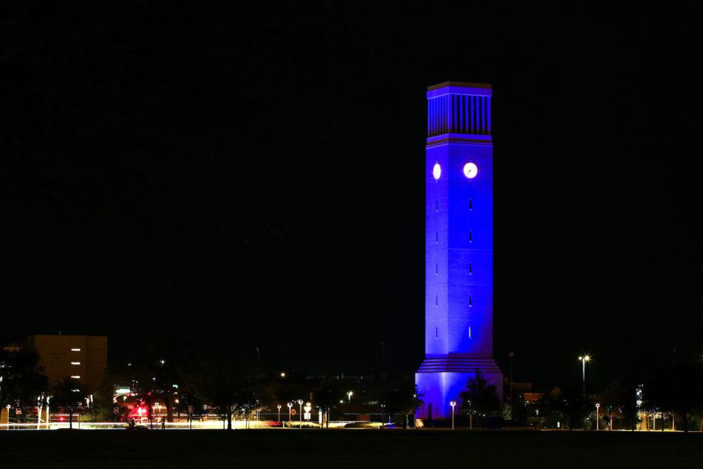 albritton bell tower with blue light