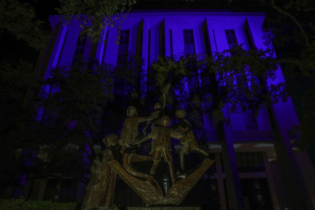Harrington Tower at night in blue light