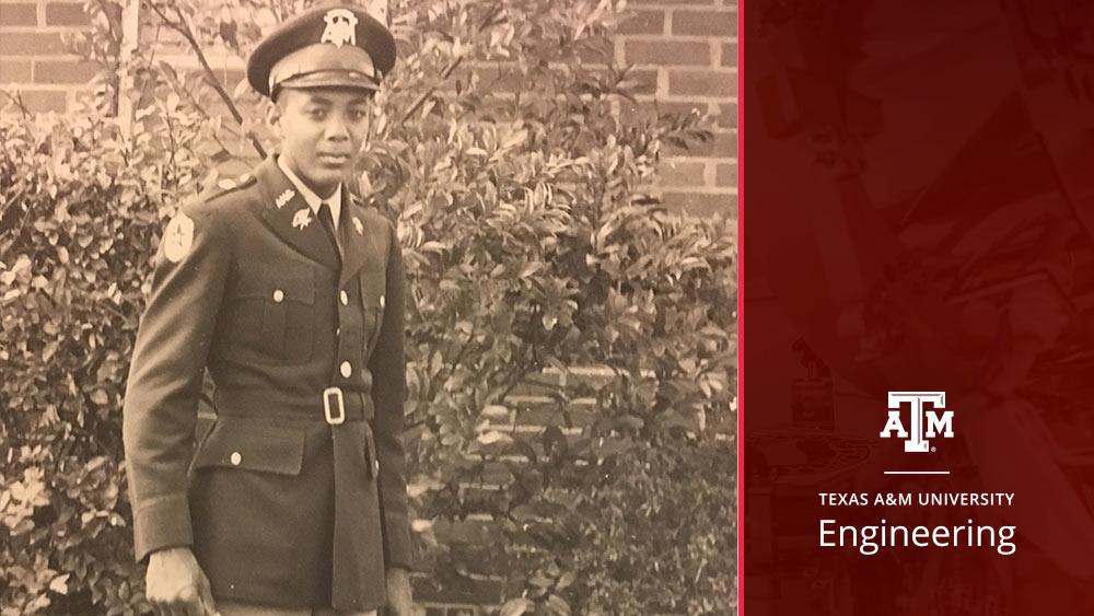 black and white photo of student wearing cadet uniform