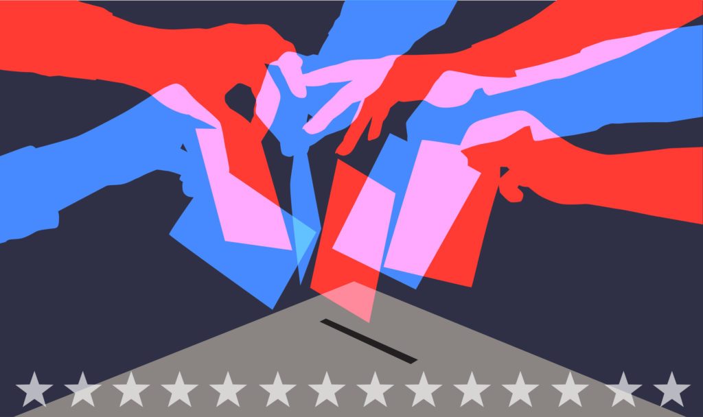 Colourful overlapping silhouettes of people voting in USA elections